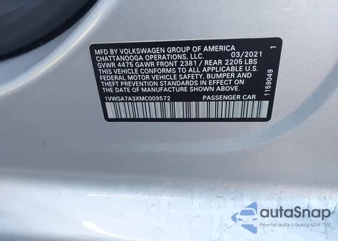 2021 Volkswagen Passat 2.0T Se z USA, uszkodzony, nr VIN 1VWSA7A3XMC009572